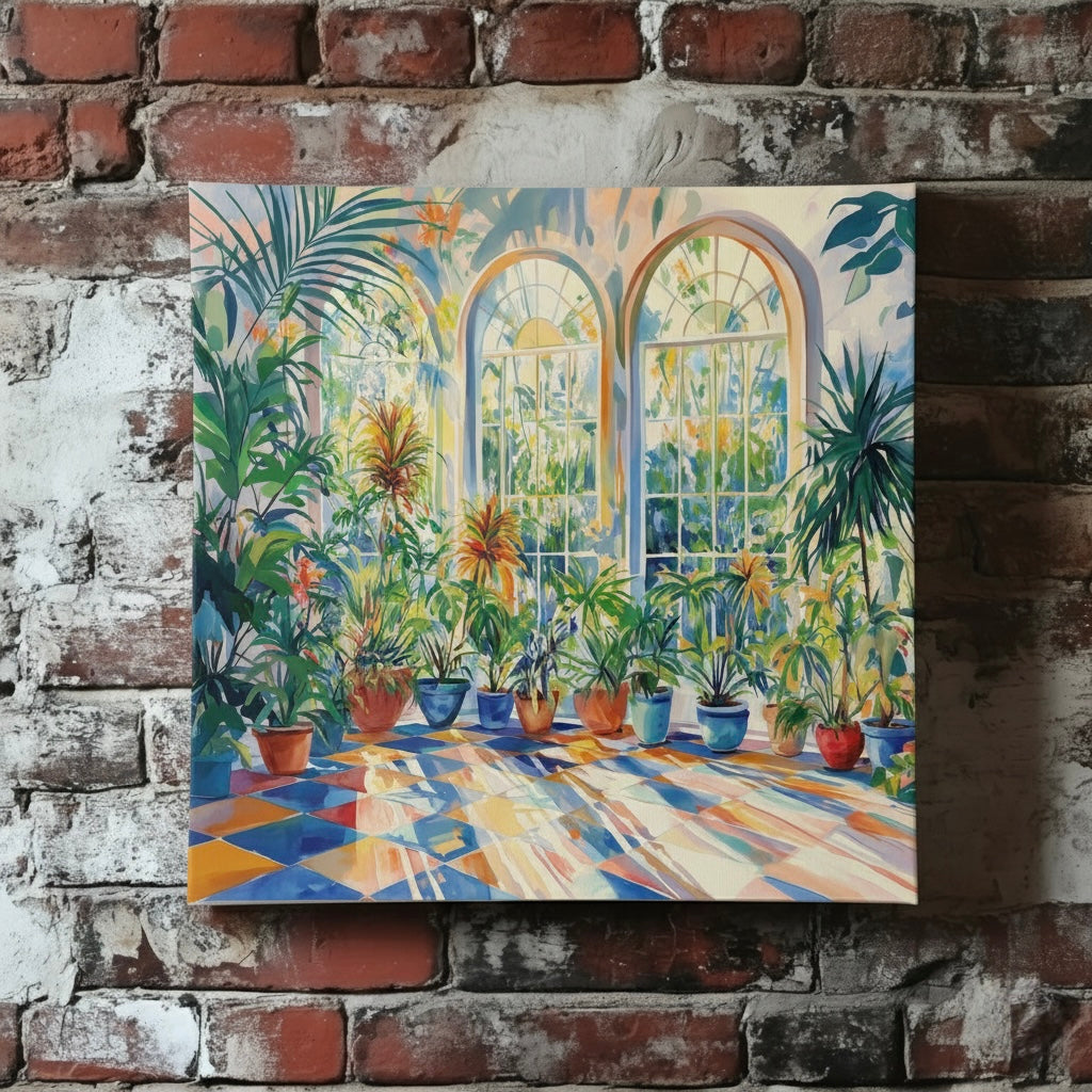 A bright canvas of a sunlit greenhouse with lush green tropical plants and check blue and red tiles, mounted on a red brick wall