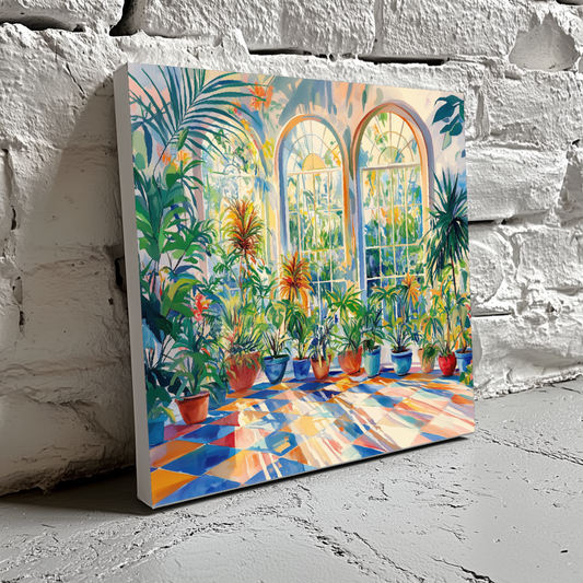 A bright canvas of a sunlit greenhouse with lush green tropical plants and check blue and red tiles, resting on a brick wall. 