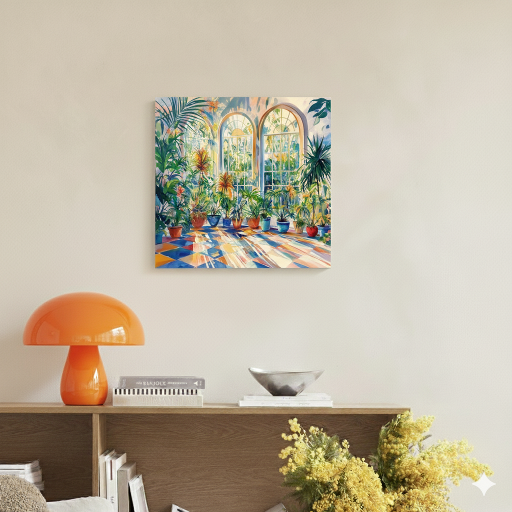 A bright canvas of a sunlit greenhouse with lush green tropical plants and check blue and red tiles, in a bright contemporary room