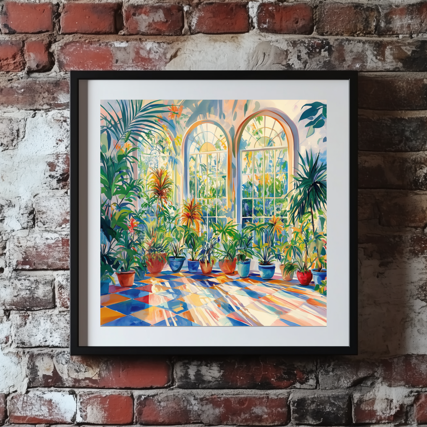 A bright unframed print of a sunlit greenhouse with lush green tropical plants and check blue and red tiles, framed on a brick wall. 
