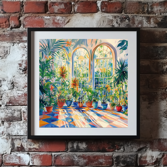 A bright unframed print of a sunlit greenhouse with lush green tropical plants and check blue and red tiles, framed on a brick wall. 