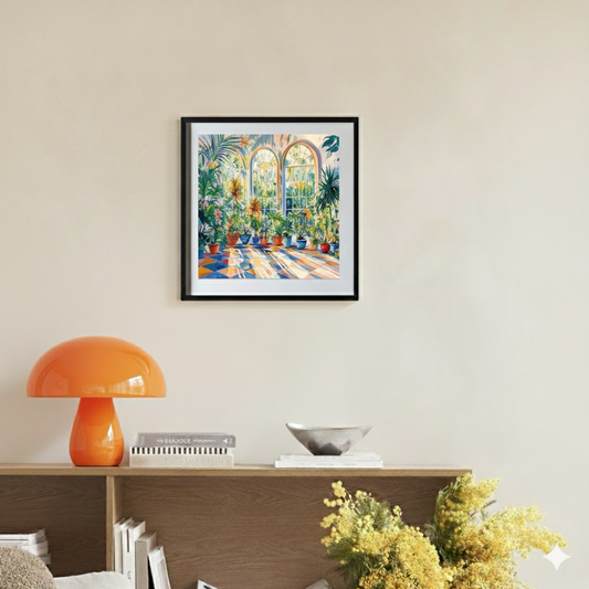 A bright print of a sunlit greenhouse with lush green tropical plants and check blue and red tiles, in a bright contemporary room