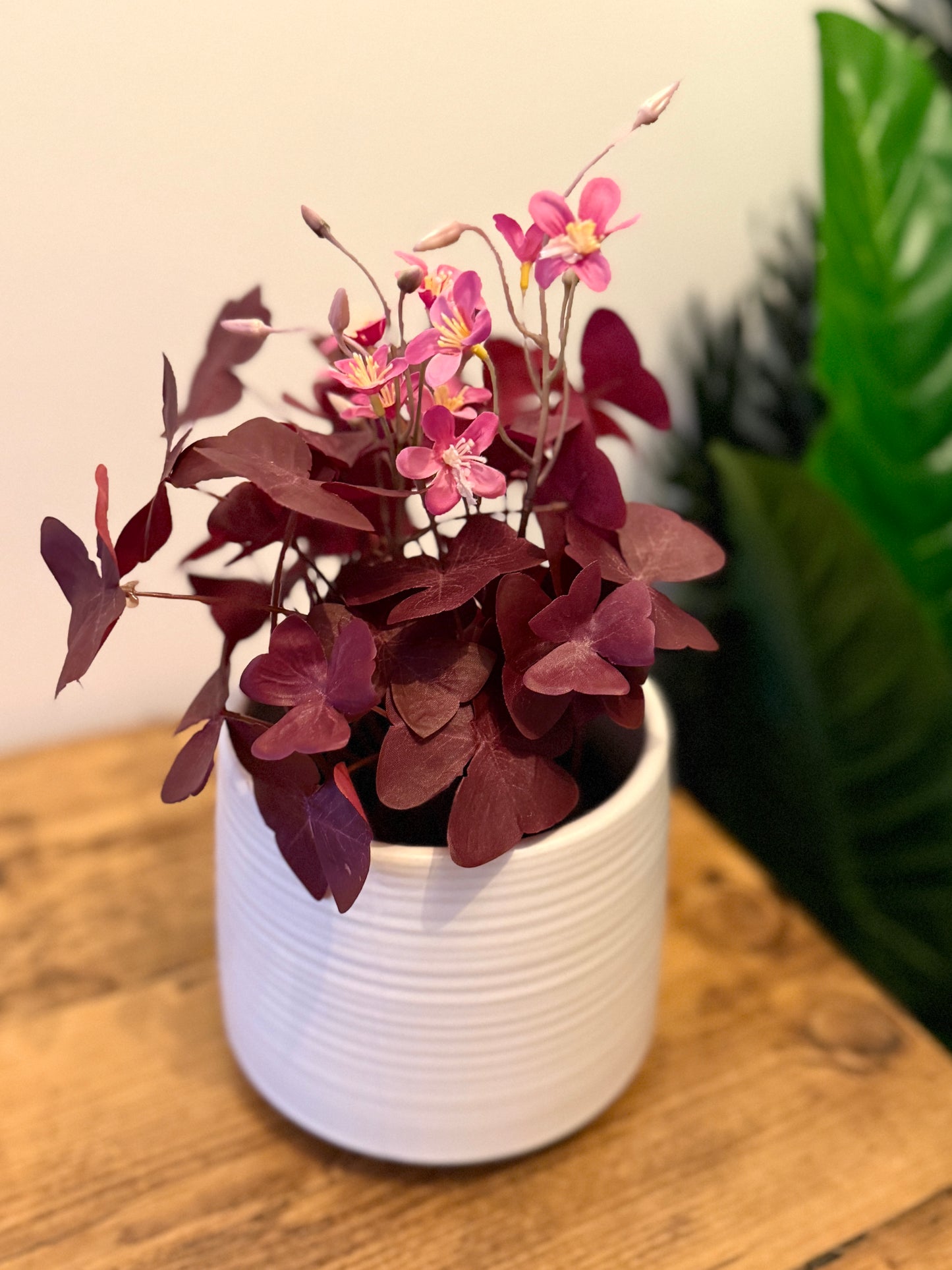 Back view of the Plantish artificial Purple Shamrock, highlighting the rich purple leaves and pink flowers, styled in the white grooved ceramic pot