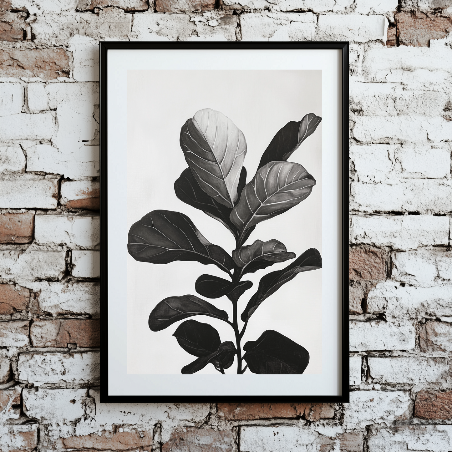 A monotone and minimalist line drawing print of a lush fiddle-leaf fig viewed from the side, framed on a brick wall.