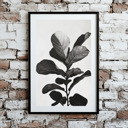 A monotone and minimalist line drawing print of a lush fiddle-leaf fig viewed from the side, framed on a brick wall.
