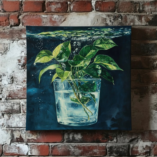 A cool and moody canvas of a propagating green ivy in a glass sinking into dark blue water, mounted on a red brick wall.