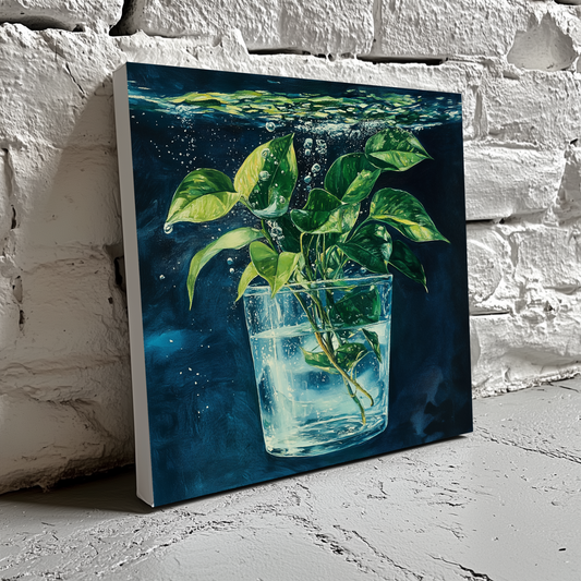 A cool and moody canvas of a propagating green ivy in a glass sinking into dark blue water, resting on a brick wall 