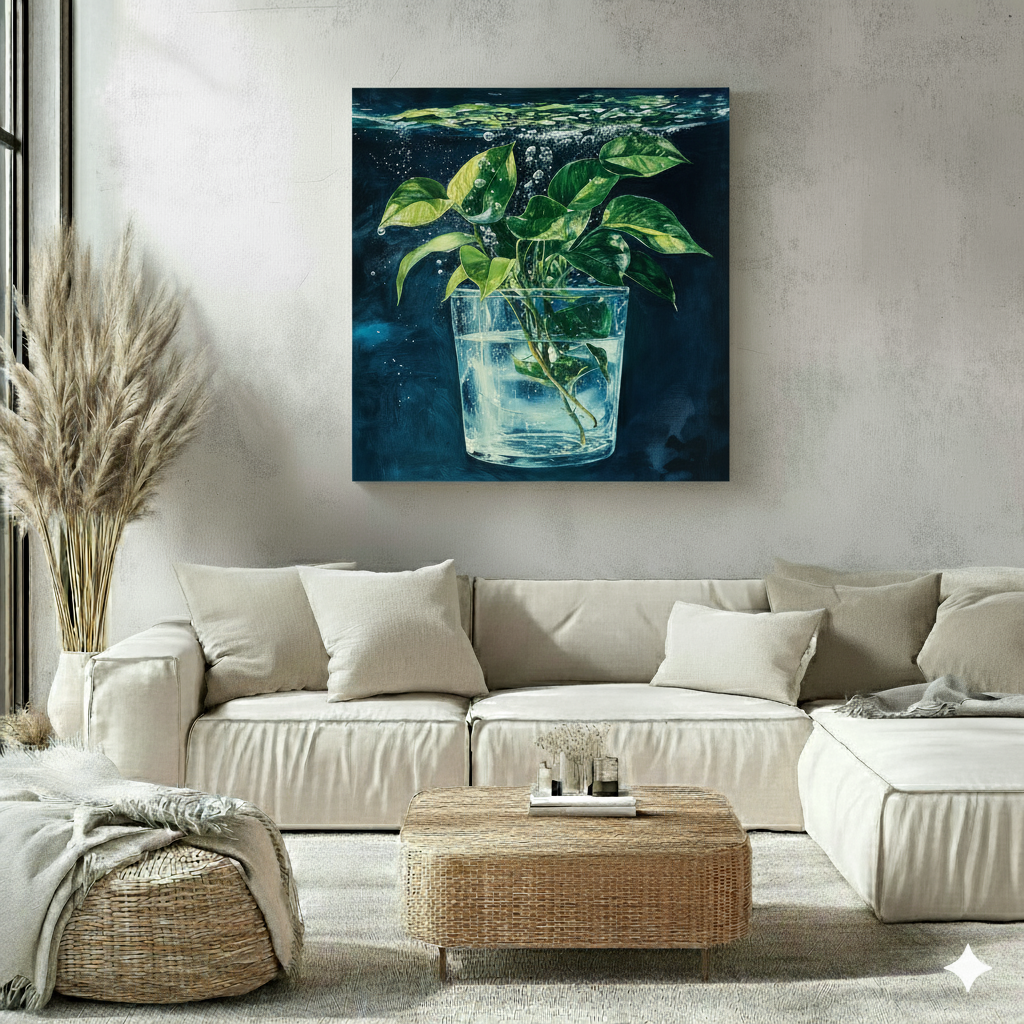 A cool and moody canvas of a propagating green ivy in a glass sinking into dark blue water, in a bright neutral boho living room.