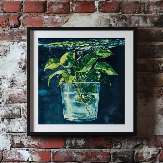 A cool and moody print of a propagating green ivy sinking into dark blue water in a glass, framed and mounted on a brick wall. 