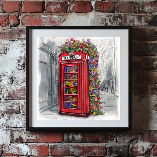 Flower Red Phone Box Sketch Wall Art