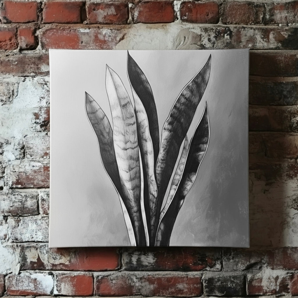 A black and white line drawing canvas of a detailed snake plant, mounted on a red brick wall.
