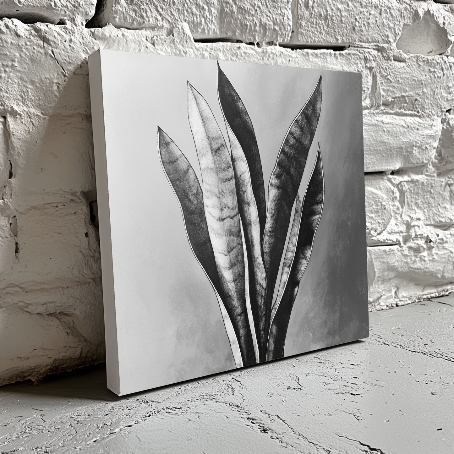 A black and white line drawing canvas of a detailed snake plant, resting on a white brick wall. 