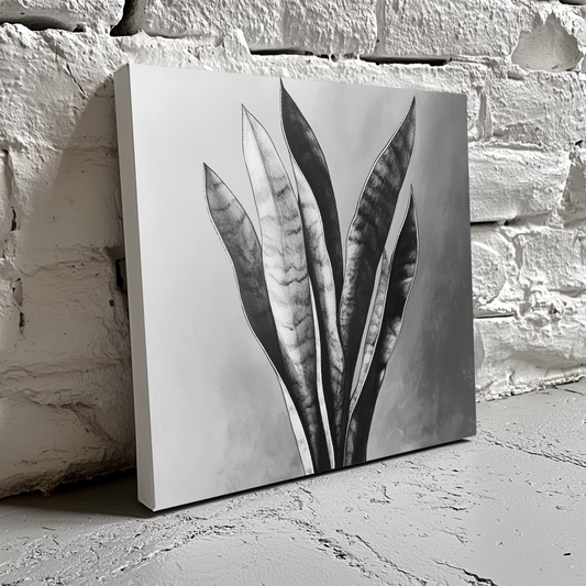 A black and white line drawing canvas of a detailed snake plant, resting on a white brick wall. 
