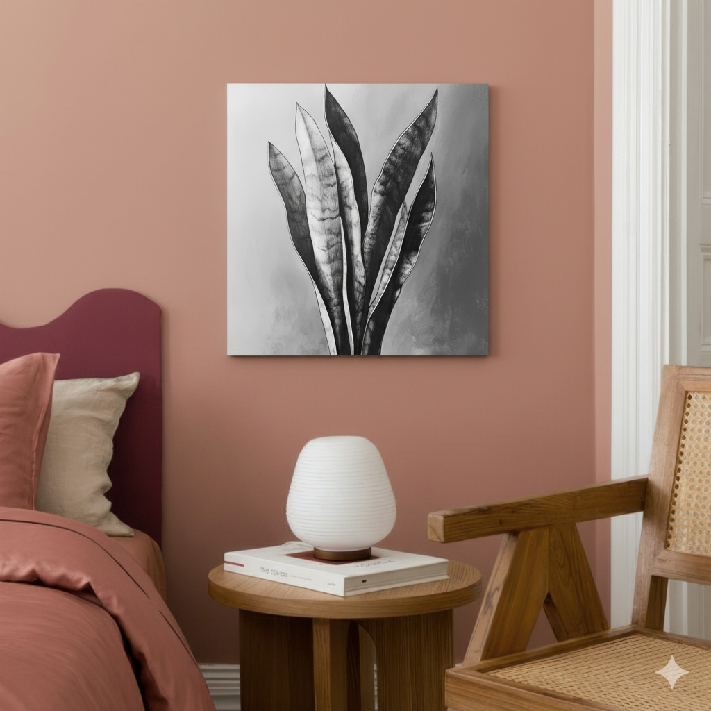 A black and white line drawing canvas of a detailed snake plant, in a stylish mauve bedroom.