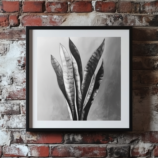 A black and white line drawing print of a detailed snake plant, framed on a brick wall. 
