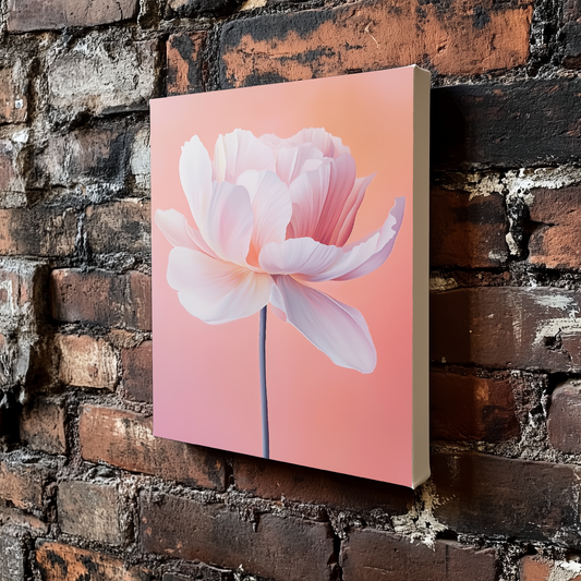 An abstract brightly coloured canvas of a single poppy viewed from the side in beautiful hues of pink, white, and orange, mounted on an exposed brick wall. 