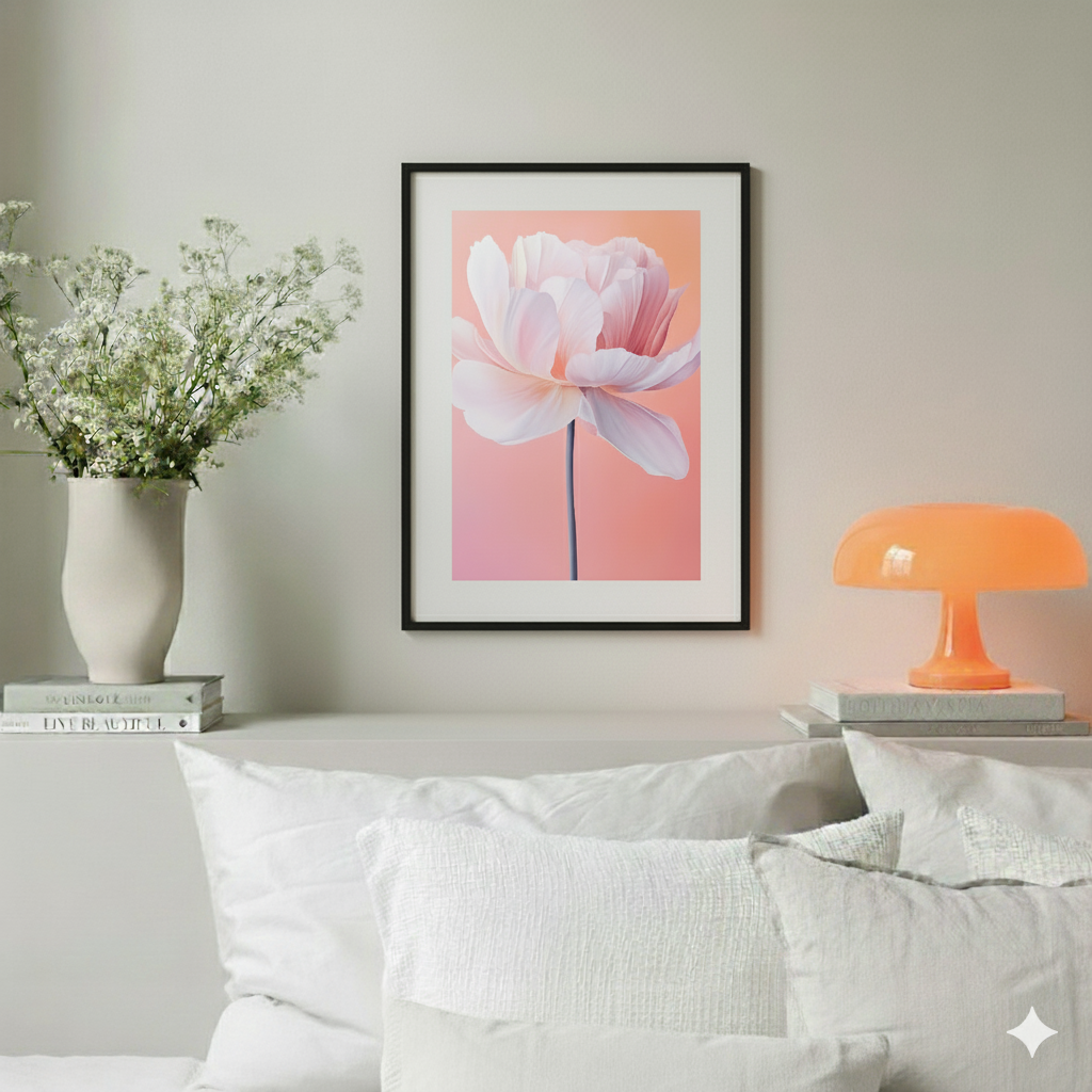 An abstract brightly coloured print of a single poppy viewed from the side in beautiful hues of pink, white, and orange, in a cosy neutral bedroom.