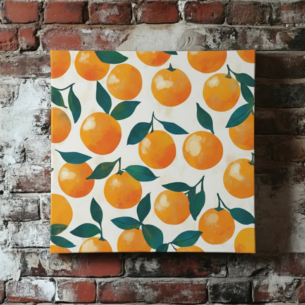 A nostalgic and stencilled pattern print canvas of orange fruit with green leaves and stems attached to them and on a white background, mounted on a red brick wall.