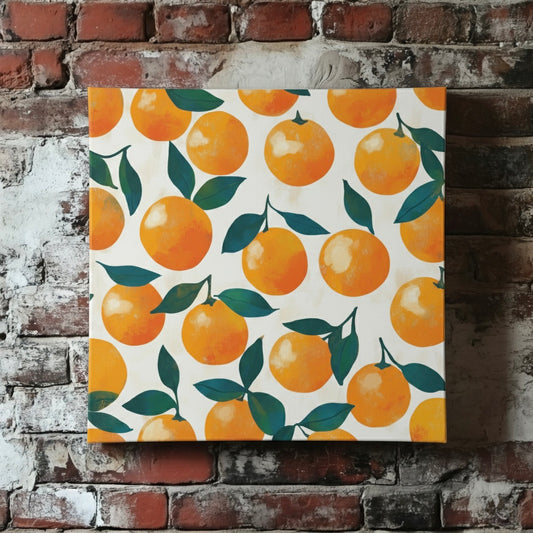 A nostalgic and stencilled pattern print canvas of orange fruit with green leaves and stems attached to them and on a white background, mounted on a red brick wall.