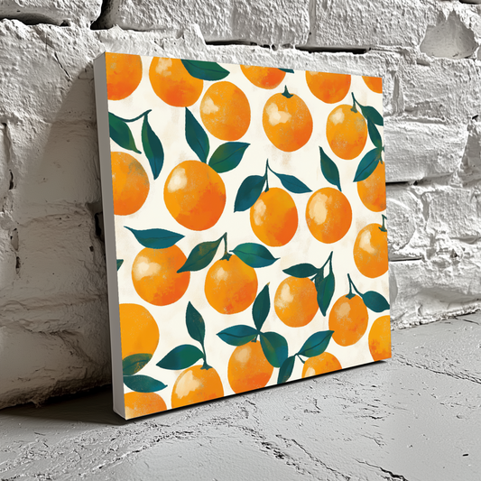 A nostalgic and stencilled pattern print canvas of orange fruit with green leaves and stems attached to them and on a white background, resting on a brick wall.