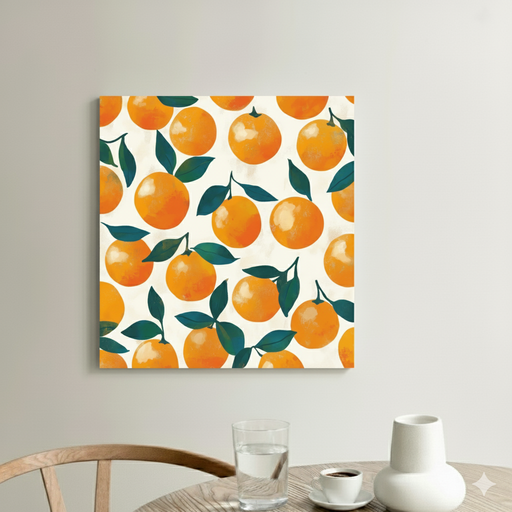 A nostalgic and stencilled pattern print canvas of orange fruit with green leaves and stems attached to them and on a white background, in a bright and neutral kitchen.