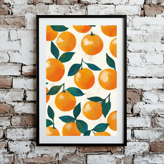A nostalgic and stencilled pattern print of orange fruit with green leaves and stems attached to them and on a white background, framed on a brick wall.