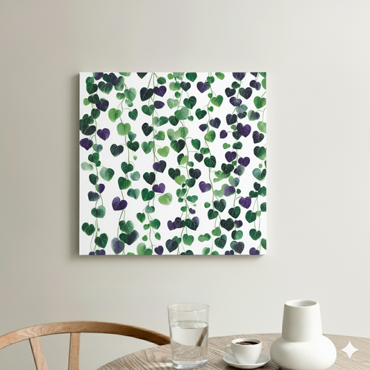 A bright and vibrant plant pattern canvas of a string of hearts in green and purple, in a bright and neutral kitchen.