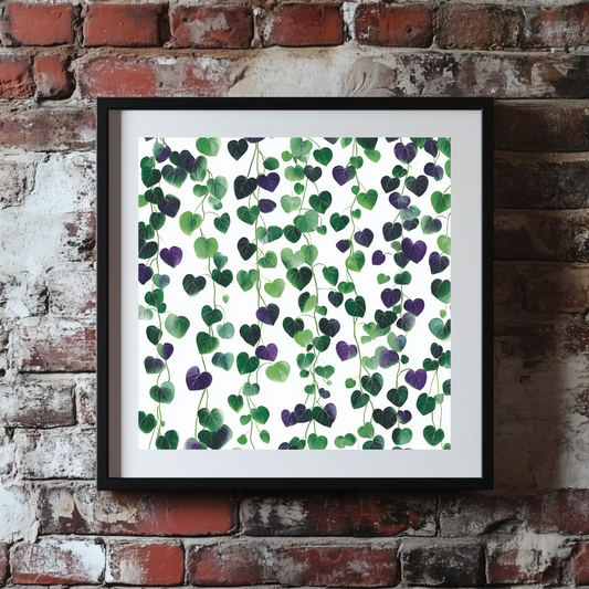 A bright and vibrant plant pattern print of a string of hearts in green and purple, framed on a brick wall. 