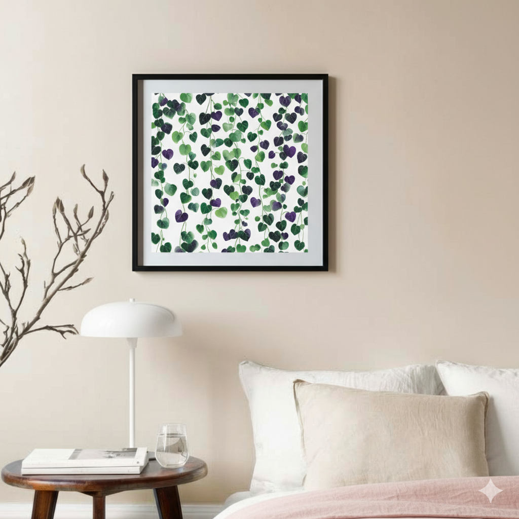 A bright and vibrant plant pattern print of a string of hearts in green and purple, in a light and airy bedroom.