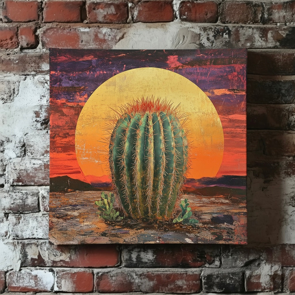A moody canvas of a spiky green cactus in the desert with a giant sunset casting an orange and purple sky, mounted on a red brick wall.
