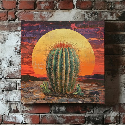 A moody canvas of a spiky green cactus in the desert with a giant sunset casting an orange and purple sky, mounted on a red brick wall.