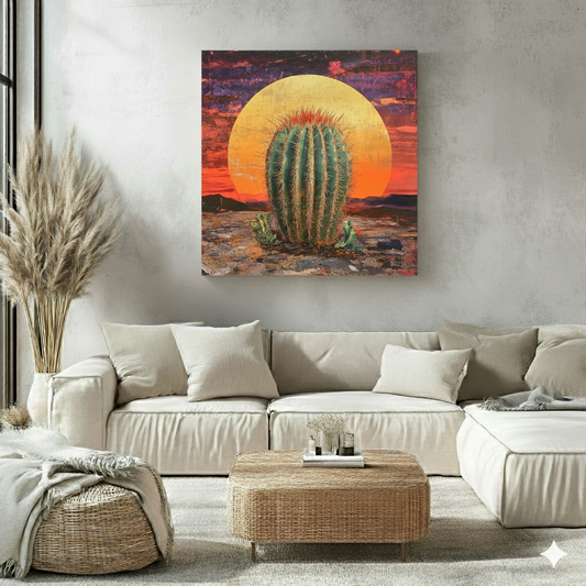 A moody canvas of a spiky green cactus in the desert with a giant sunset casting an orange and purple sky, in a bright neutral boho living room.