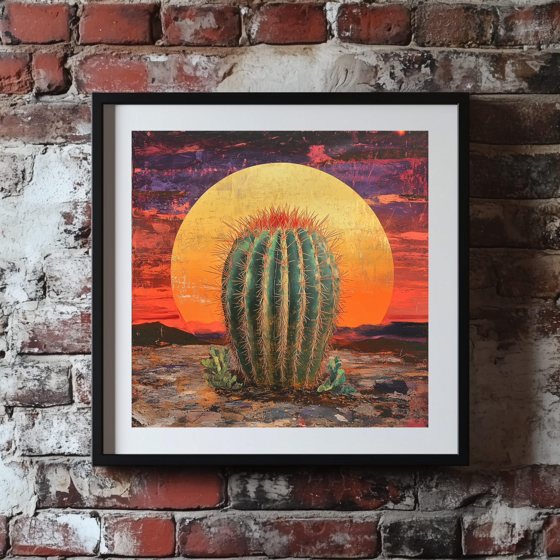 A moody print of a spiky green cactus in the desert with a giant sunset casting an orange and purple sky, framed on a brick wall.