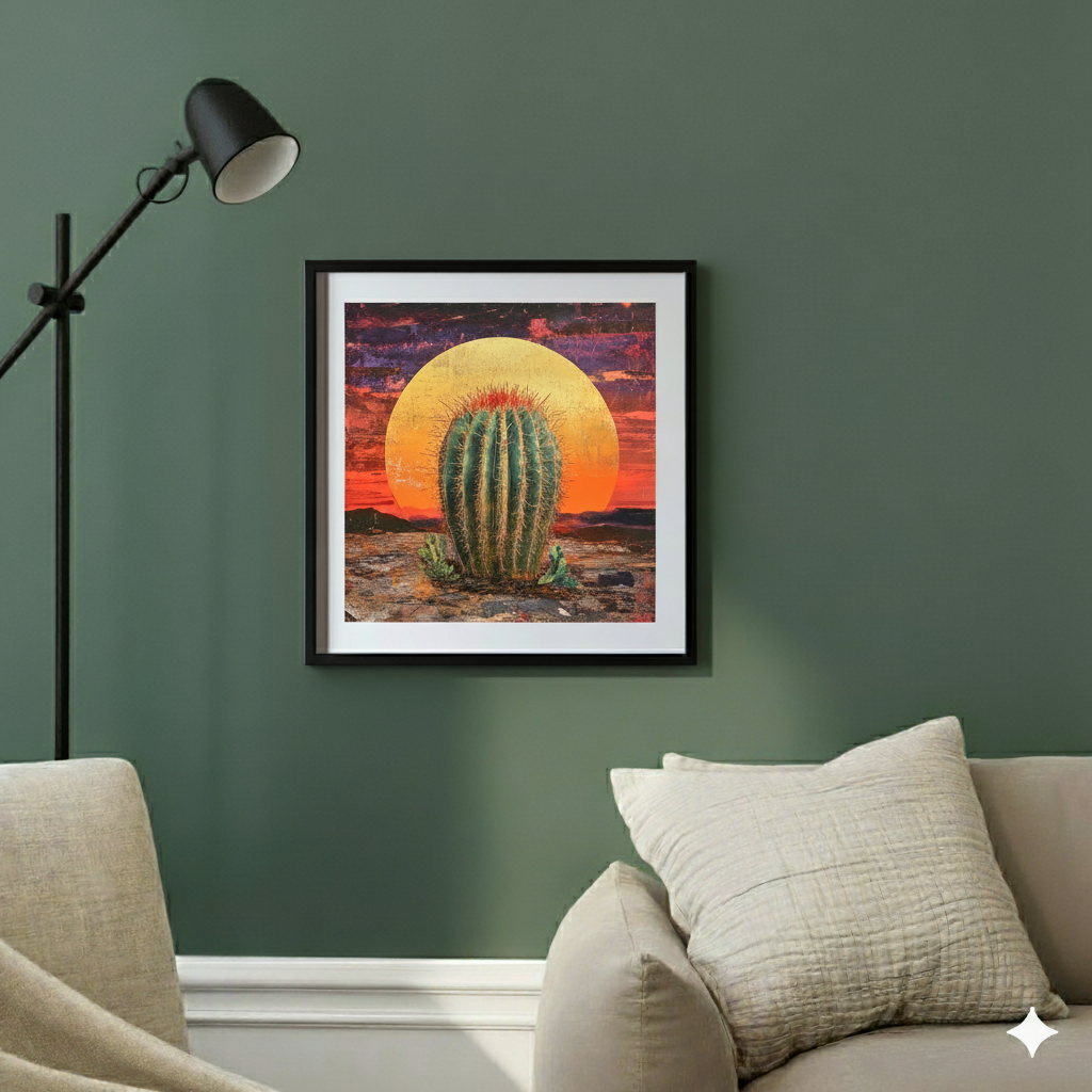 A moody print of a spiky green cactus in the desert with a giant sunset casting an orange and purple sky, in a contemporary sunlit living room.