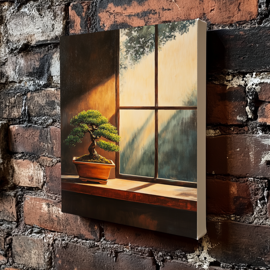 A warm and moody oil painting style canvas of a bonsai tree inside a house, being hit with sun through a window, mounted on an exposed brick wall. 