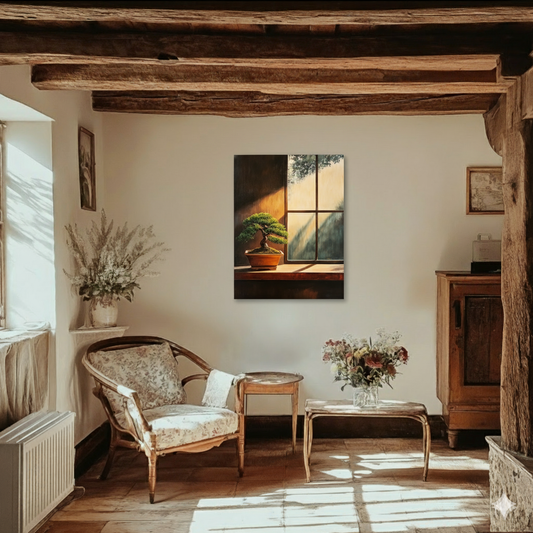 A warm and moody oil painting style canvas of a bonsai tree inside a house, being hit with sun through a window, in a sunlit rustic cottage.