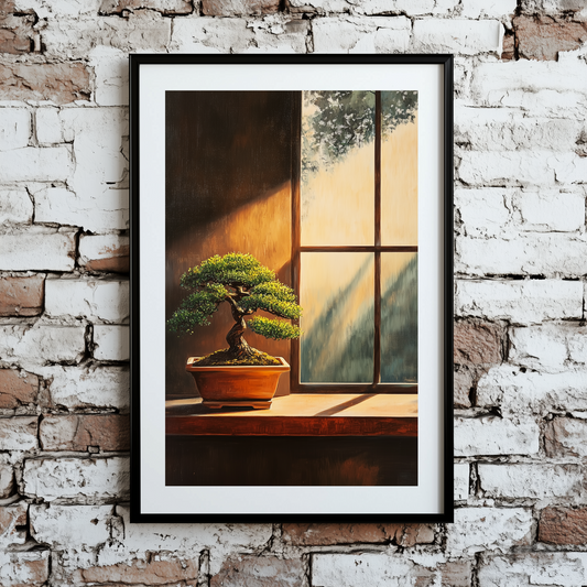 A warm and moody oil painting style print of a bonsai tree inside a house, being hit with sun through a window, framed on a brick wall. 