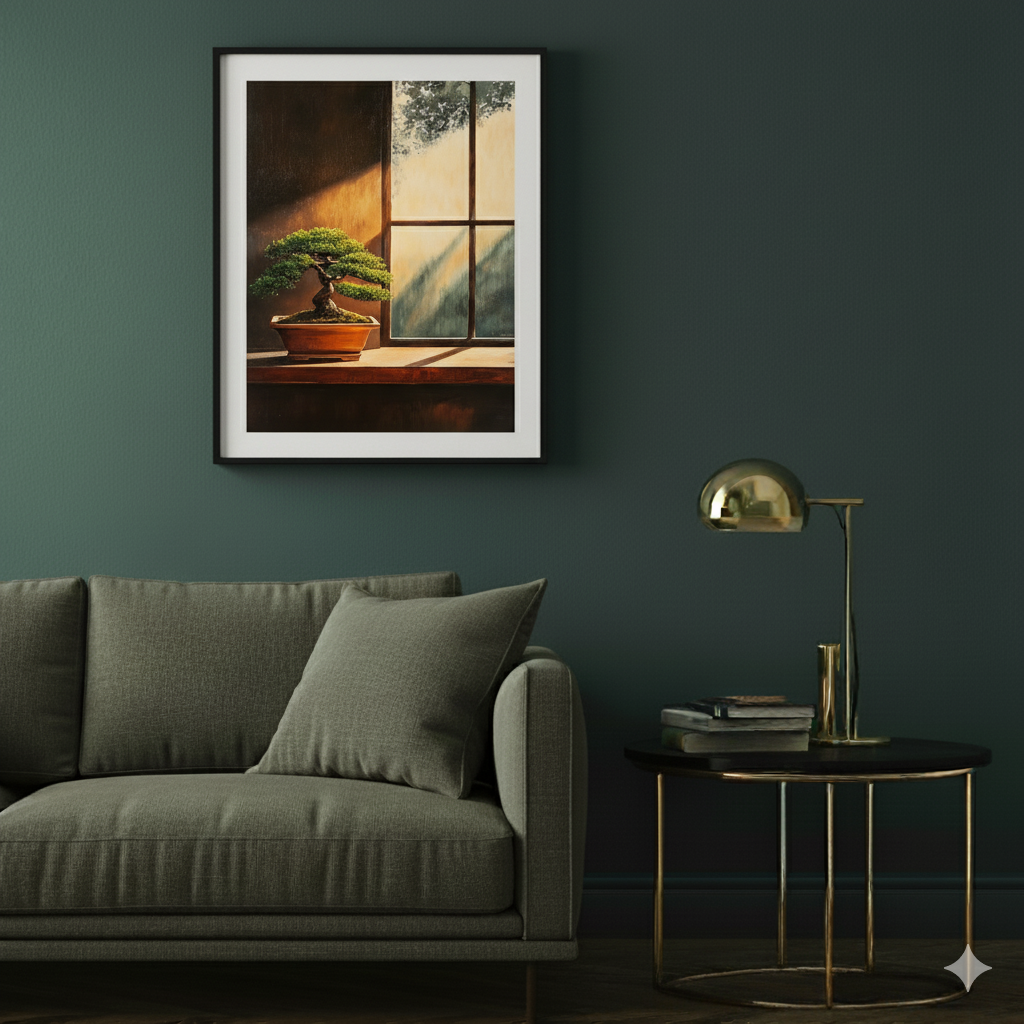A warm and moody oil painting style print of a bonsai tree inside a house, being hit with sun through a window, in a moody modern living room.