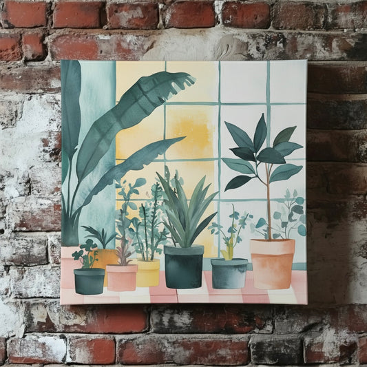 A bright canvas of green house plants in pots on pink and white tiles and a viby window with yellow light, mounted on a red brick wall.