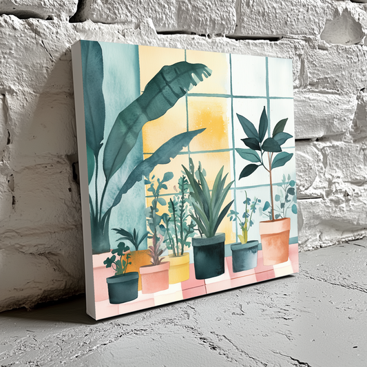 A bright canvas of green house plants in pots on pink and white tiles and a viby window with yellow light, resting on a brick wall. 