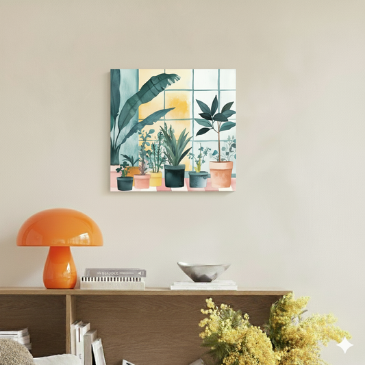 A bright canvas of green house plants in pots on pink and white tiles and a viby window with yellow light, in a bright contemporary room.