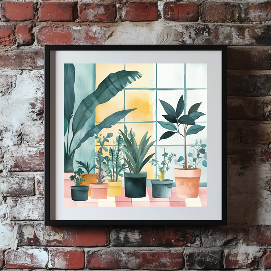 A bright print of green house plants in pots on pink and white tiles and a viby window with yellow light, framed on a brick wall. 