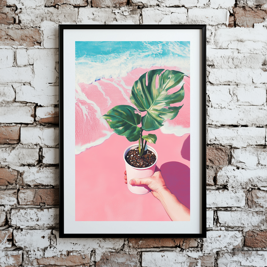 Surrealism Potted Plant Pink Beach Wall Art