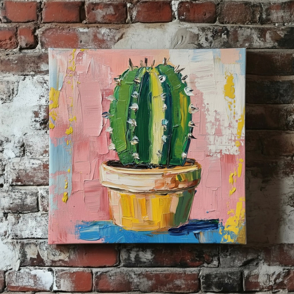 A vibrant broad stroke acrylic canvas of a green cactus in a brown pot with a pink yellow white and blue background, mounted on a red brick wall.