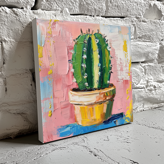 A vibrant broad stroke acrylic canvas of a green cactus in a brown pot with a pink yellow white and blue background, resting on a brick wall. 