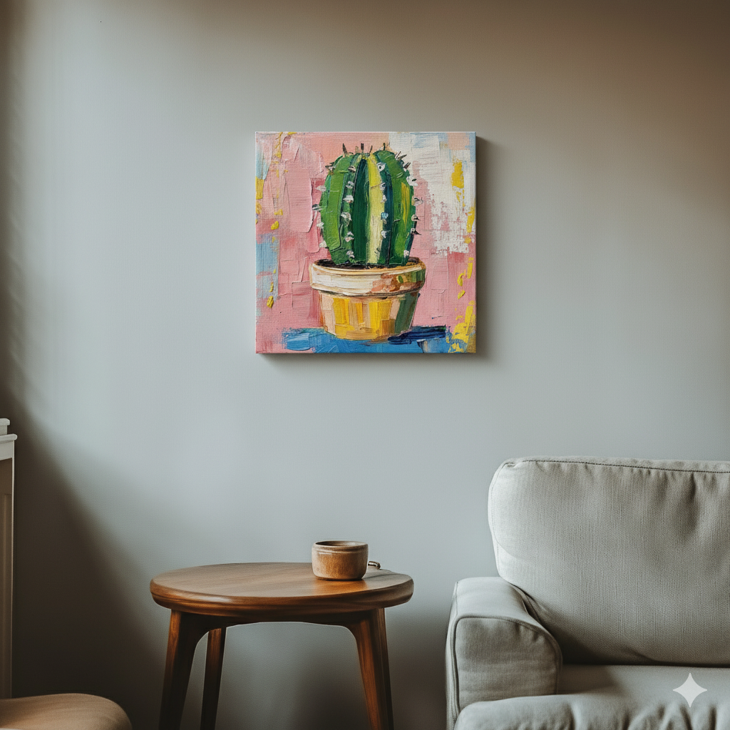 A vibrant broad stroke acrylic canvas of a green cactus in a brown pot with a pink yellow white and blue background, in a cool retro living room.