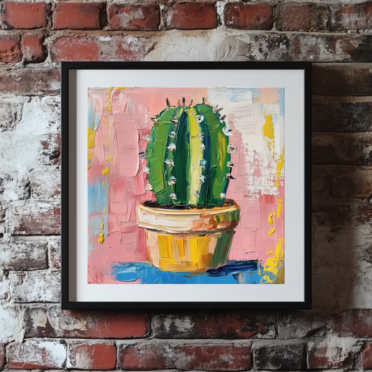 A vibrant broad stroke acrylic print of a green cactus in a brown pot with a pink yellow white and blue background, hanging on a brick wall. 