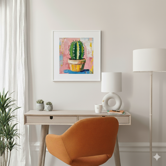 A vibrant broad stroke acrylic print of a green cactus in a brown pot with a pink yellow white and blue background, in a bright modern desk area.
