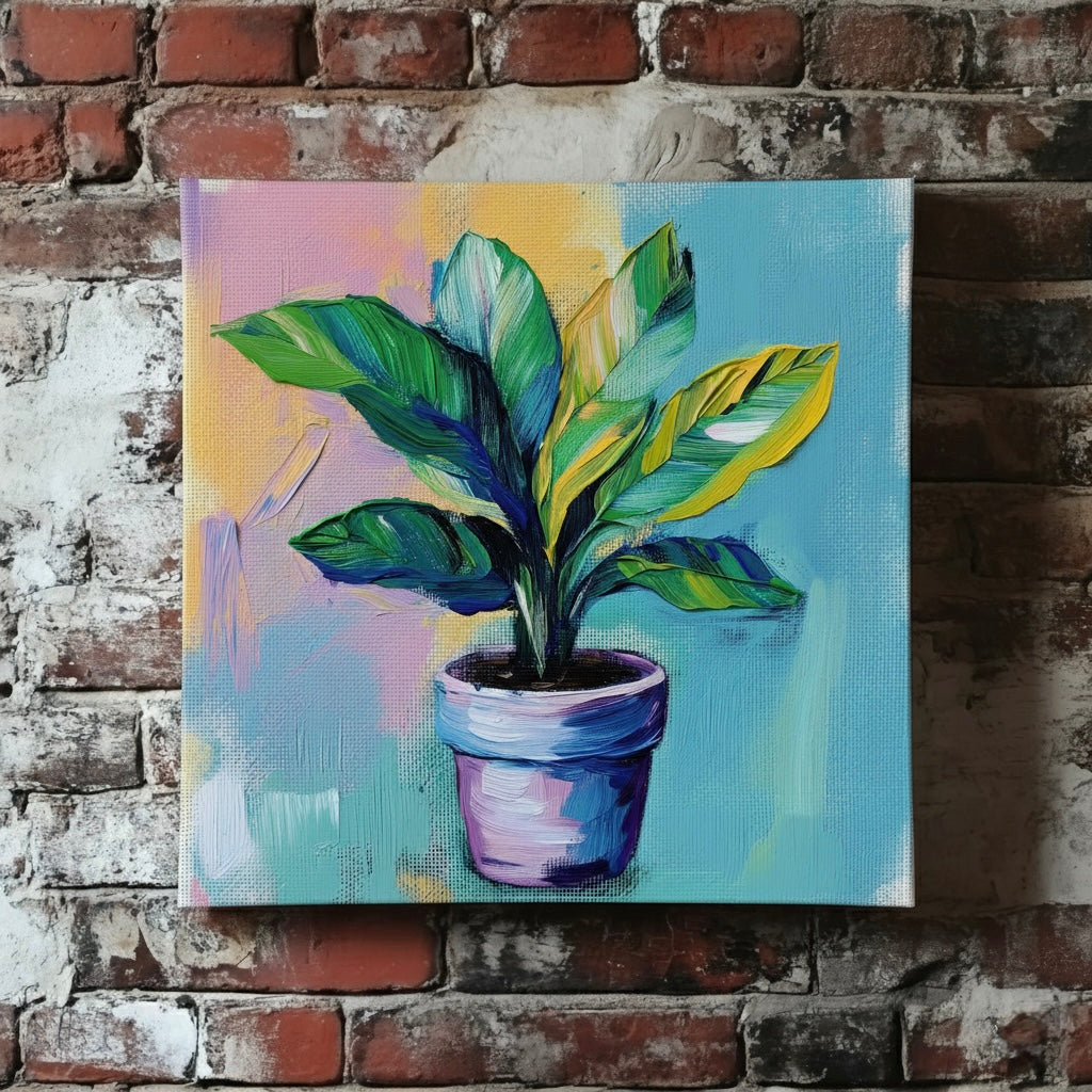 A vibrant acrylic canvas of a yellow and green calathea in a purple pot with hazy blue purple and yellow background, mounted on a red brick wall.