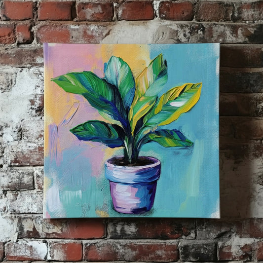 A vibrant acrylic canvas of a yellow and green calathea in a purple pot with hazy blue purple and yellow background, mounted on a red brick wall.